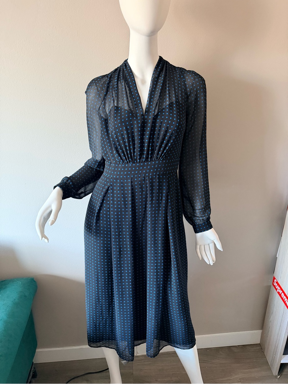 ANNE KLEIN Navy Blue Polka Dot Long Sleeve Midi Dress w/Black Underdress